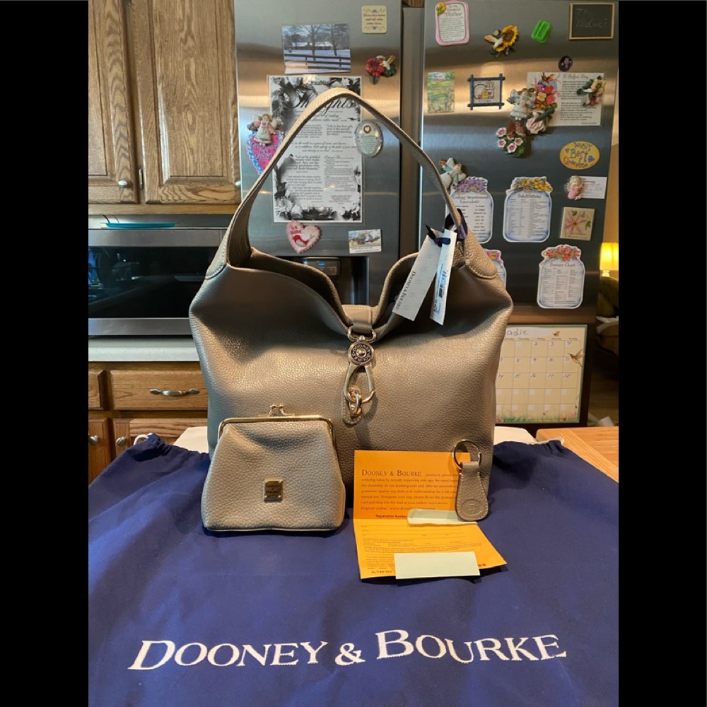 DB Belvedere Gray Logo Lock Leather Hobo,Coin Purse, Key Fob, XXLarge Co…